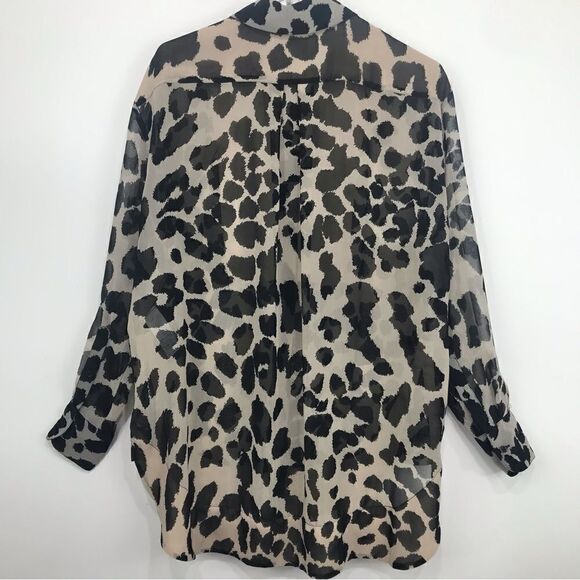 TopShop Tan Black Animal Print Semi Sheer Long Sleeve Button Up Tunic Blouse - Picture 8 of 16